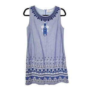 Vineyard Vines Yarn Dye Embroidered Boho Shift Dress Sleeveless Blue Size 4